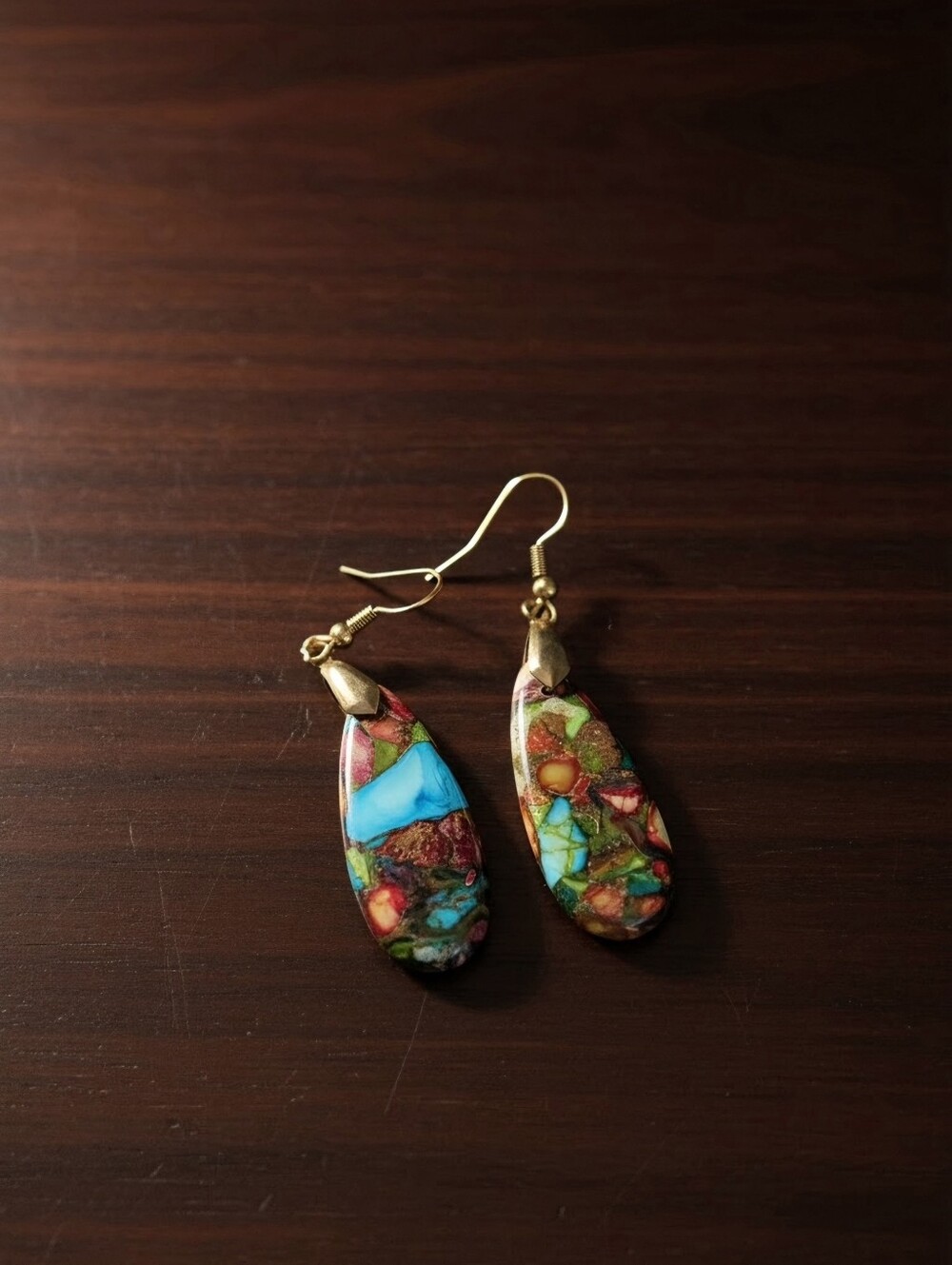 Handmade Multicolor Teardrop Stone Earrings - Gold Hooks